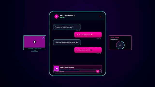 An avant garde Home Entertainment UI manifesting dynamic chromatic shifts and real time messaging interactions within a neon cyberpunk aesthetic for modern smart home connectivity