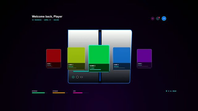 An immersive Home Entertainment UI showcasing a fluid transition between colorful gaming tiles on a sleek dark cinematic futuristic digital dashboard for modern gamers