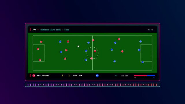 Experience an avant garde Home Entertainment UI showcasing a sophisticated strategic simulation of a professional football match featuring fluid tactical movements and live score updates