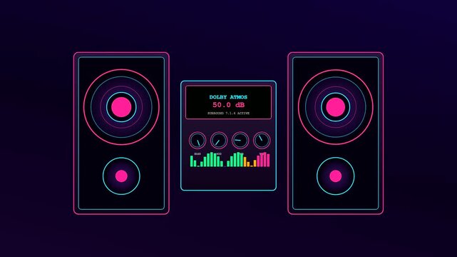 A sophisticated Home Entertainment UI depicting a luminous audio spectrum analyzer with oscillating neon frequencies and escalating sound intensity over a deep violet void