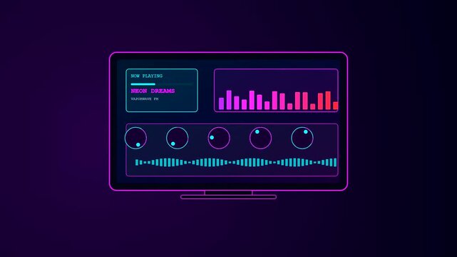 A pulsating synthwave neon Home Entertainment UI showcasing dynamic audio spectrum visualizers and rhythmic waveforms dancing across a dark digital screen for futuristic music production