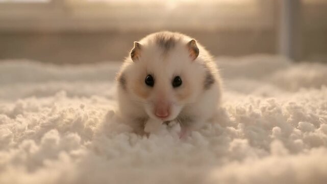 Adorable hamster face sitting on soft white blanket at sunset