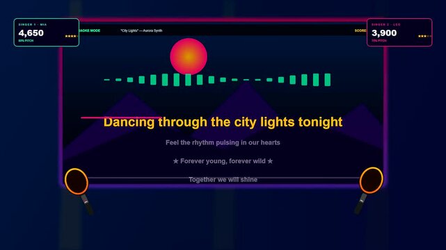 A futuristic Home Entertainment UI showcasing a competitive rhythmic singing game with vibrant neon aesthetics and interactive scoreboards set within a digital vaporwave environment