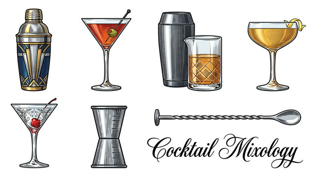 Vintage Cocktail Mixology Vector Set with Hand Drawn Bar Tools, Shakers, Glassware and Classic Drinks such as Martini and Manhattan for Bar Menu Design and Nightlife Decor