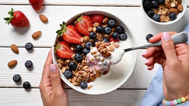 Woman's hand eating healthy yogurt with fruit and granola