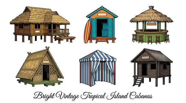 Set of Vintage Tropical Island Cabanas, Beach Huts and Tiki Bar Vector Illustrations