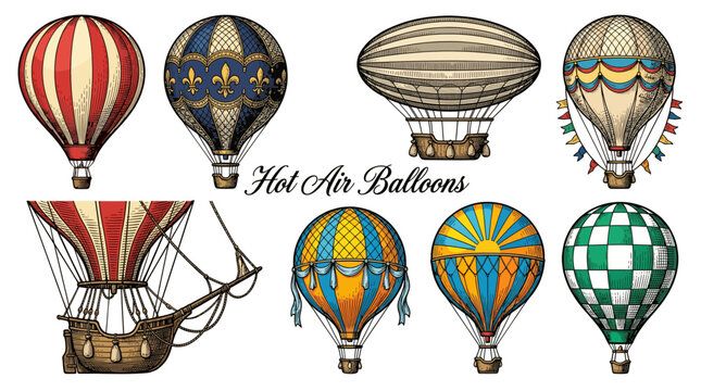 Vintage Hot Air Balloon and Airship Collection, Hand-Drawn Vector Illustrations of Antique Flying Machines with Various Patterns