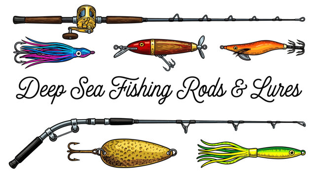 Set of Deep Sea Fishing Rods and Lures Vector Illustration. Professional Angling Gear Collection with Reels and Artificial Baits in Vintage Engraving Style.
