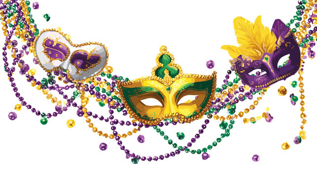 Festive Carnival Masks: Vibrant, ornate masks adorned with jewels and feathers, framed by colorful beads, evoke the festive spirit and mystery of a carnival celebration.