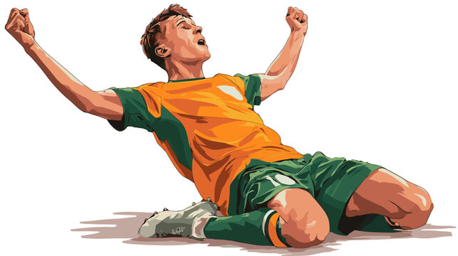 Triumphant soccer player: An soccer player celebrates a goal on his knees, arms raised in the air, capturing the moment of elation and victory.