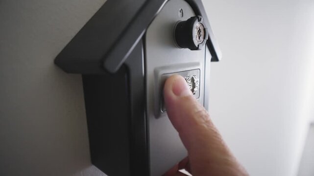 Hand open smart key lock mounted on a wall or door frame for renting apartment. Safe Key Box is used when the guest arrives at the touristic flat and the host can't open the door