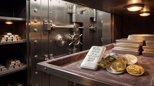 Gold and silver coins bullion in a vault