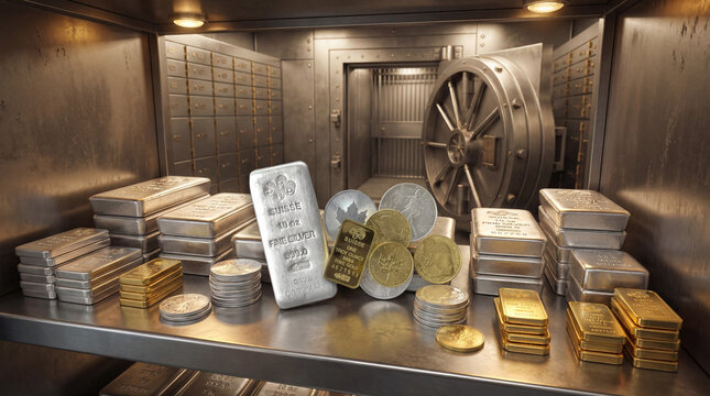 Gold and silver coins bullion in a vault