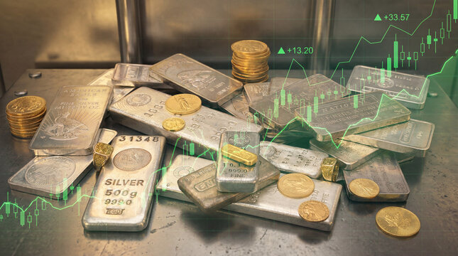 Gold and silver coins bullion in a vault with investment chart rising