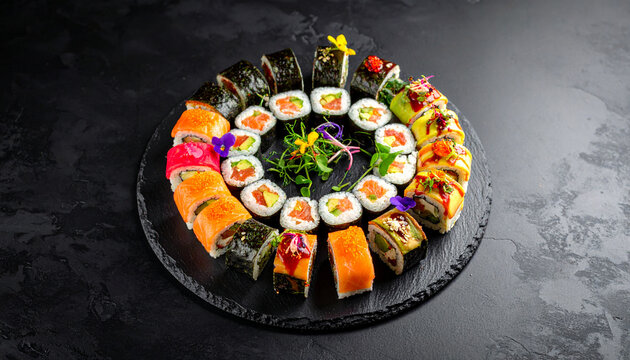 Assorted Sushi Rolls on Circular Platter, Japanese Cuisine Food Photography