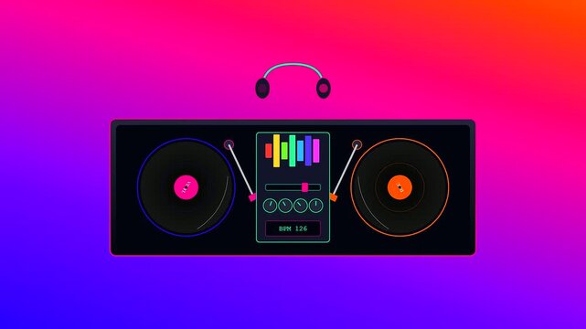 A sophisticated Home Entertainment UI depicting a digital DJ mixing console with rotating vinyl records and dynamic equalizer bars on a vibrant neon gradient background