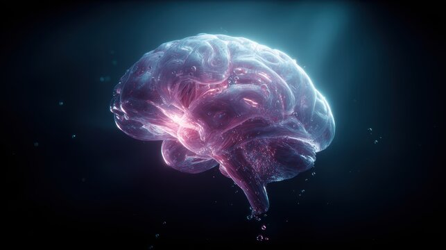 Artificial intelligence. Neuron network. A digital artwork depicts a detailed, intricately designed brain rendered in a gradient of pink and blue hues. The brain is rendered with a fluid.