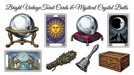 Obraz premium Vintage Mystical Occult Set with Tarot Cards, Crystal Balls, Herbs, and Ritual Objects Vector Illustration
