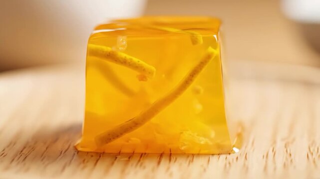 Close-up of a vibrant orange jelly cube, glistening and translucent, resting on a light wooden surface.
