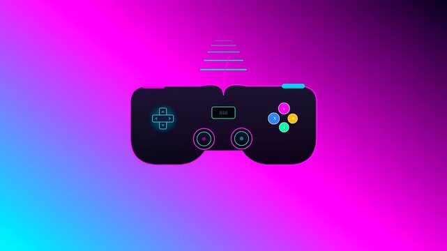 This dynamic Home Entertainment UI showcases a sophisticated gaming controller emitting vibrant neon glows amidst a shifting cyberpunk gradient backdrop for modern leisure