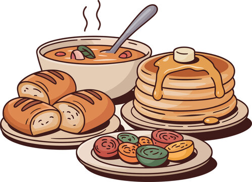 Pixel art illustration of a delicious breakfast set with soup, pancakes, and bread.
​English: Vector food icons featuring healthy breakfast meal and snacks.
​English: Cozy homemade meal set  with panc