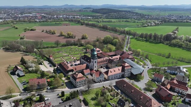 Aerial View Propstei Johannesberg, , Benedictine priory, district of Fulda in Hesse, Roman Catholic parish church of St. John the Baptist, Germany