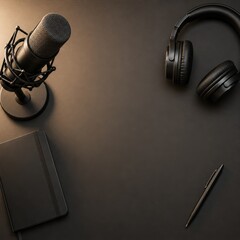 Professional Podcasting Setup with Microphone Headphones and Notebook