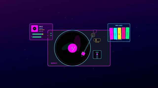 A futuristic Home Entertainment UI featuring a rotating vinyl record with neon glowing accents against a cosmic dark void for digital music player concepts