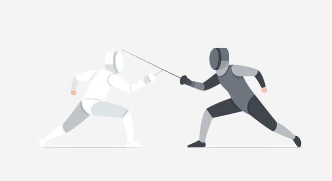Two Fencers in Combat, White vs Black, Sword Fighting Duel Illustration