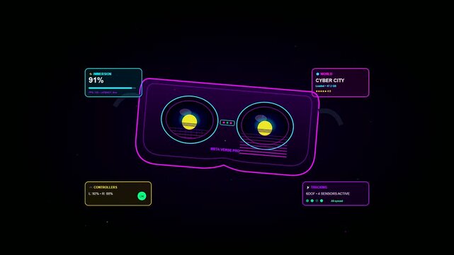 An immersive Home Entertainment UI displays a luminous amethyst virtual reality visor surrounded by shimmering holographic telemetry panels within a dark synthwave digital void