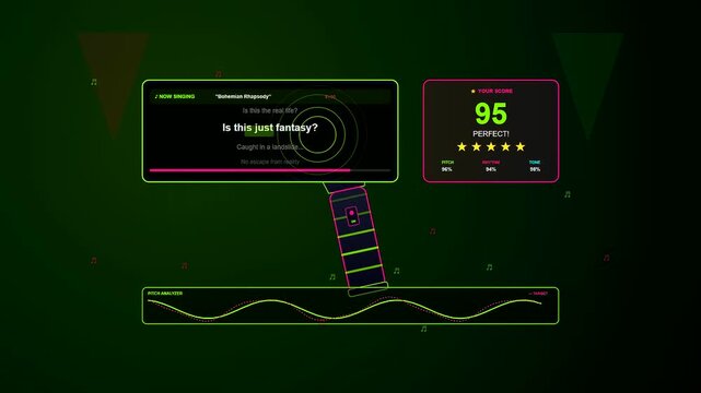 A futuristic home entertainment UI showcases a singing game with an evolving numeric score and dynamic pitch analysis waveform moving across a dark neon screen