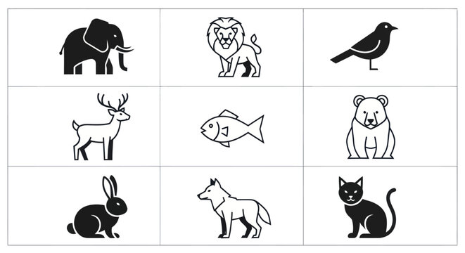 Animal silhouettes elephant lion bird deer fish