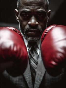 A black defense attorney wears boxing gloves, suit and tie - dramatic close up of a legal fighter, concept for lawyer firm fighting for rights defending justice, equality, black, dramatic background