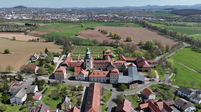 Aerial View Propstei Johannesberg, , Benedictine priory, district of Fulda in Hesse, Roman Catholic parish church of St. John the Baptist, Germany