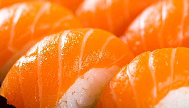 Vibrant orange salmon nigiri sushi pieces beautifully presented, inviting a delightful culinary journey with every savory bite