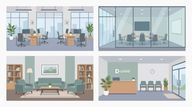 Multiple office space interiors showcasing diverse designs and layouts. Each office features a different arrangement, including work stations, a conference room, and a reception area