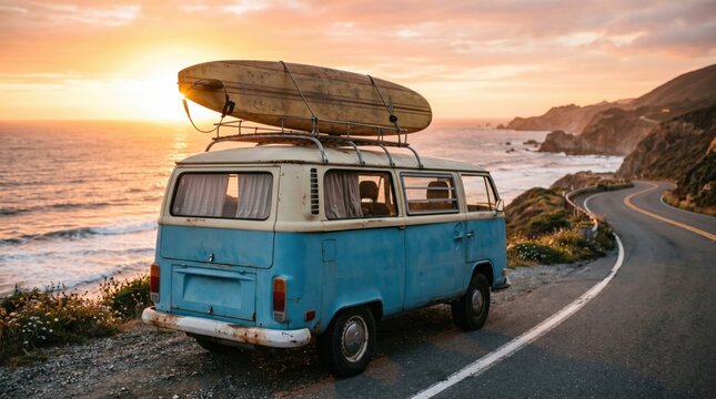 Vintage van with surfboard on scenic coastal road at sunset