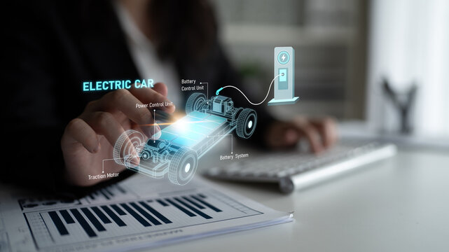 Structure of electric car showing battery system, traction motor, control units, and charging station for understanding EV functionality and energy flow Latch