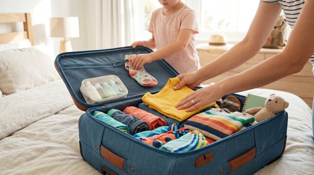 Family packing for vacation: child and parent organizing suitcase with clothes and essentials