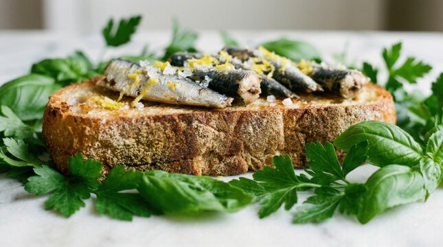 Rustic sardine bruschetta on crusty bread with lemon zest and parsley for food background and savory menu banner design