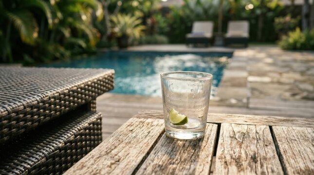 Empty glass with lime on weathered wooden table by a resort pool for background and banner design showing relaxed tropical poolside scene