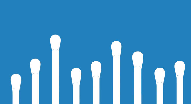 Row of white cotton swabs on a blue background, hygiene and cleanliness concept