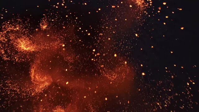 Burning ash rises from large fire in the night sky over a dark landscape