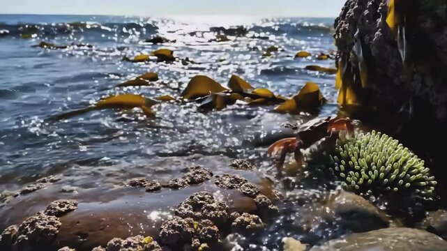 Red crab sitting on a wet rock covered with barnacles at the ocean shore with kelp and sunlight reflecting on water
