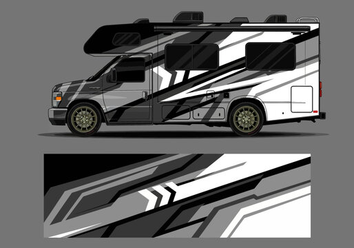 Modern geometric vehicle wrap design on a motorhome camper van