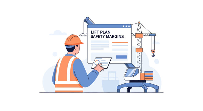 Construction worker plans lift safety margins on digital screen with crane