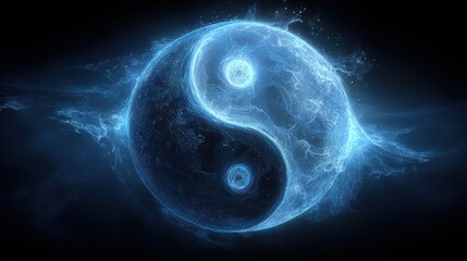 Yin Yang, Chinese philosophy, harmony, balance, Taoism. A digital artwork depicts a mystical yinyang symbol, a symbol of balance and harmony. The symbol is rendered in a gradient of blue.