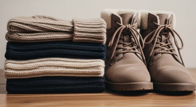 Stacked knit hats next to a pair of brown leather boots on a light wood surface