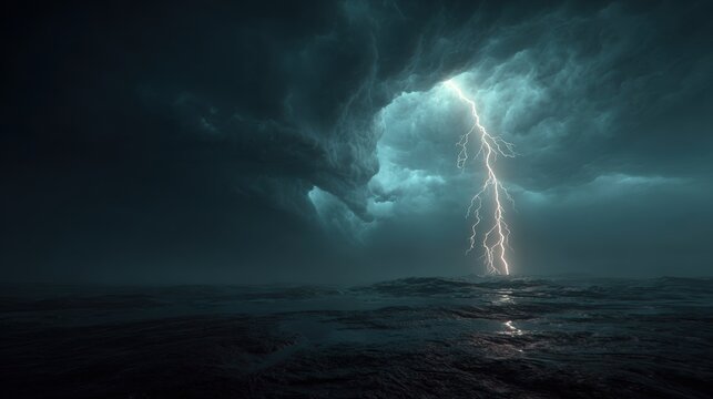 Fantasy wallpaper. A dramatic depiction of a stormy sky over a vast expanse of water. The sky is filled with dark, stormy clouds, and a bright lightning bolt strikes directly from the center.