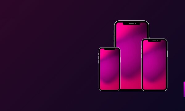 Maqueta de tres smartphones modernos sobre fondo p&uacute;rpura abstracto para presentaci&oacute;n de aplicaciones